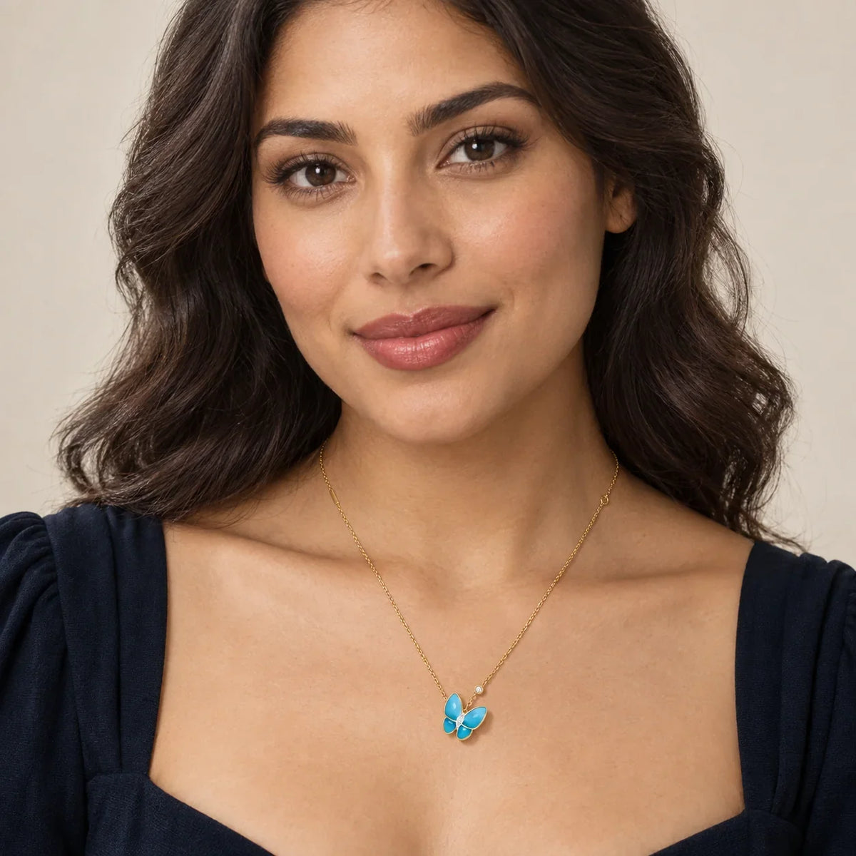 Blue Inlay CZ Butterfly Pendant Necklace - view 2