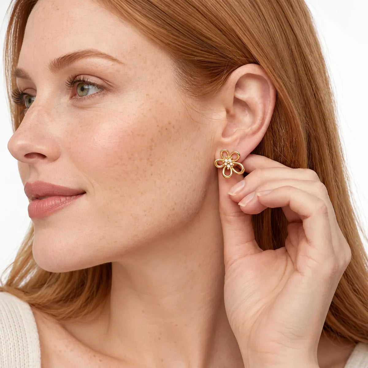 CZ Open Petal Flower Stud Earrings - view 2