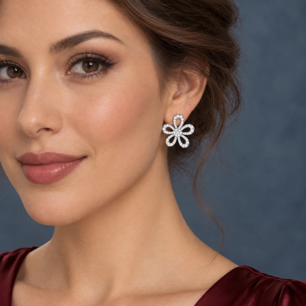 Pavé CZ Open Petal Stud Earrings - view 3