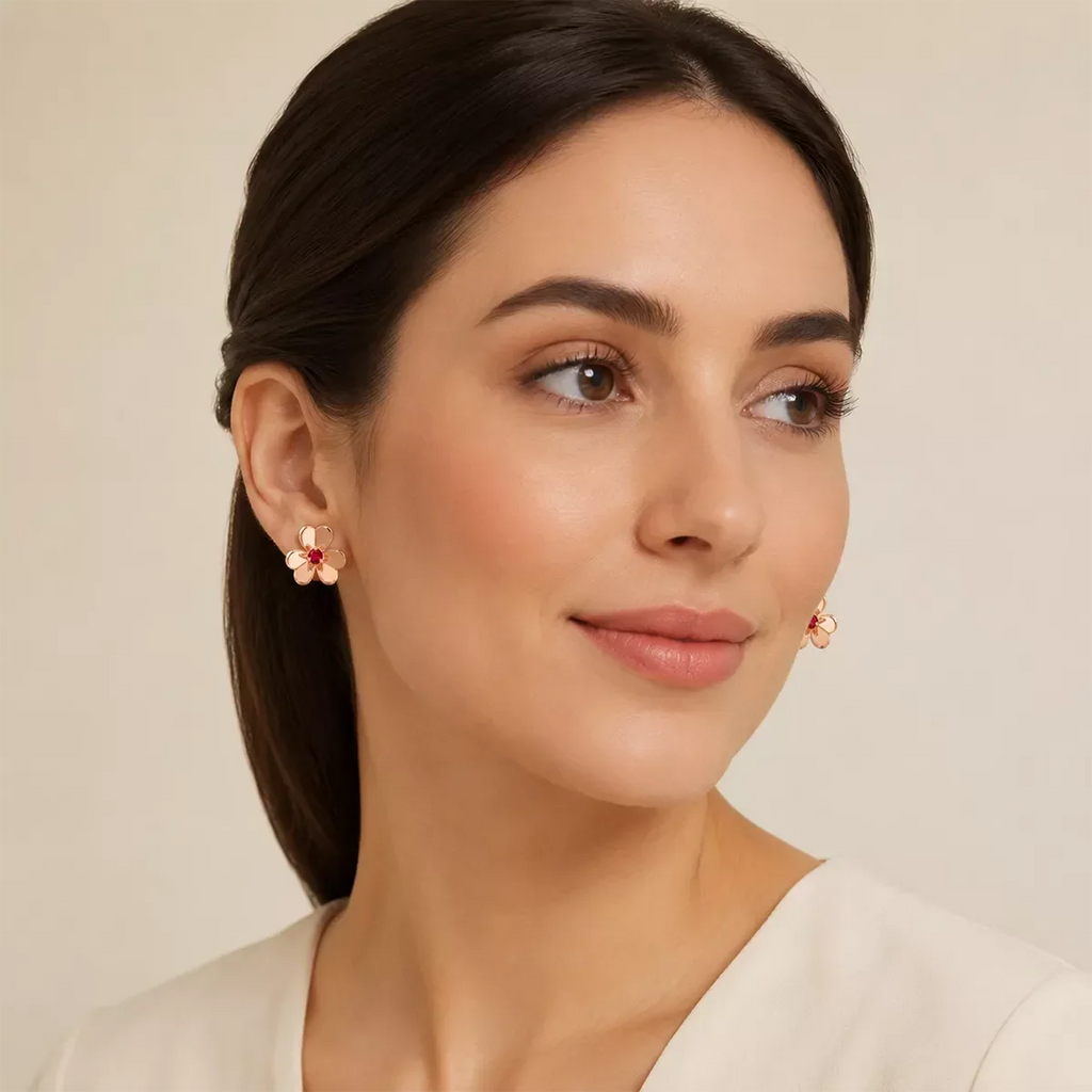 Red CZ Floral Stud Earrings - view 2
