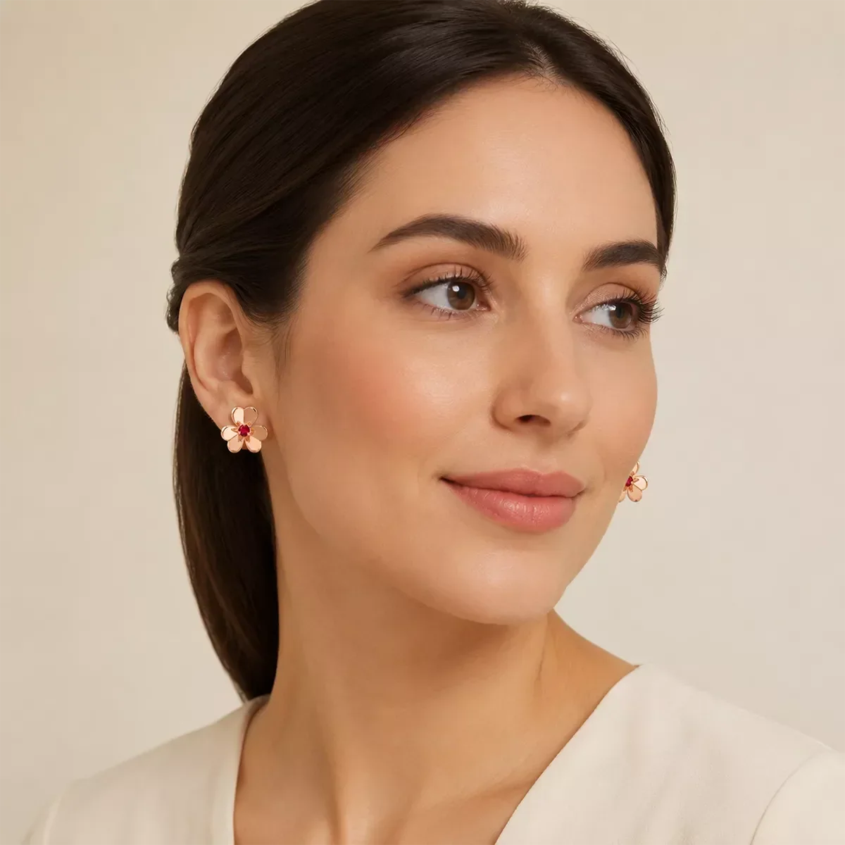 Red CZ Floral Stud Earrings - view 2