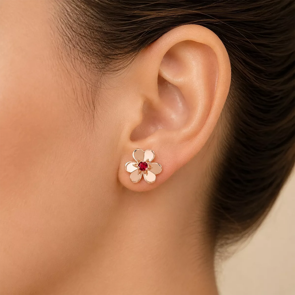 Red CZ Floral Stud Earrings - view 3