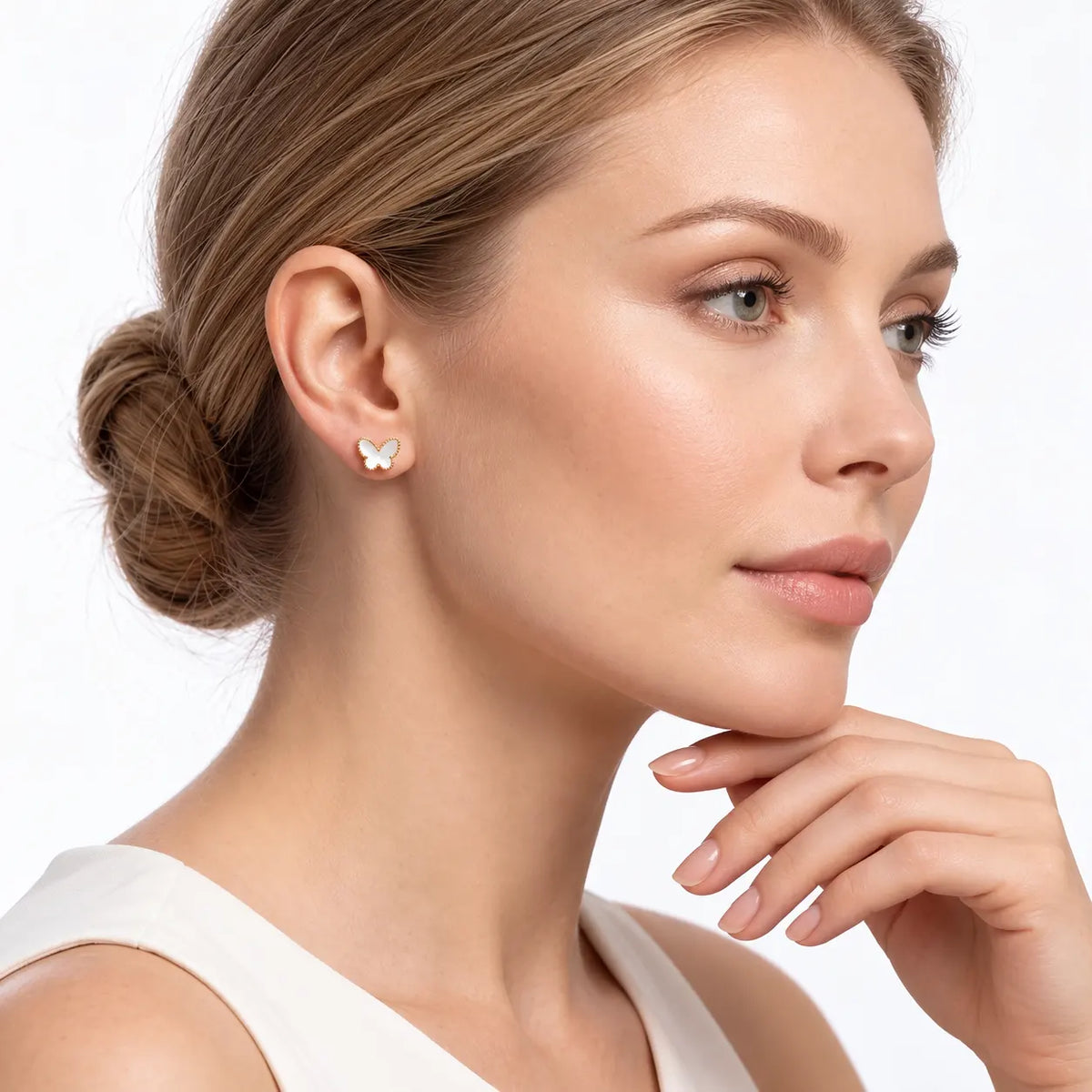 White Mother-of-Pearl Butterfly Stud Earrings - view 2